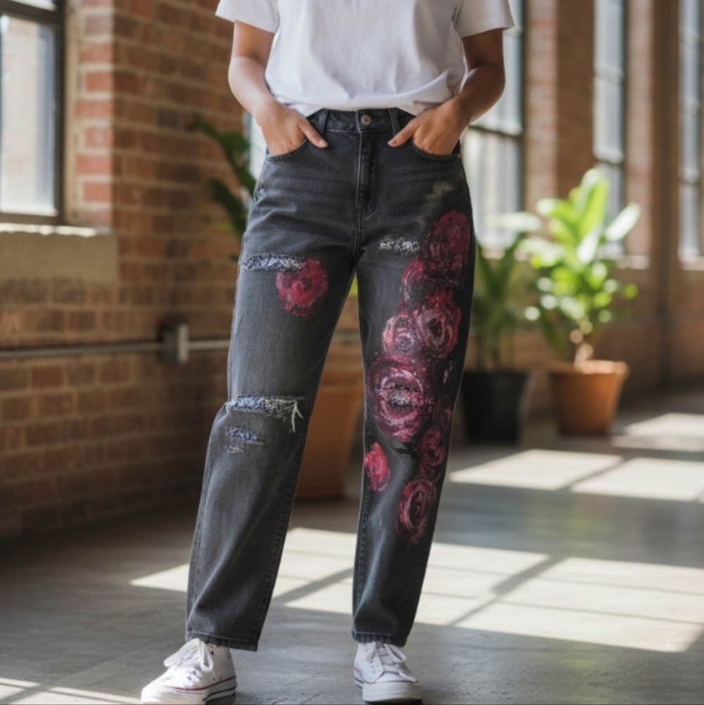 INC Concepts Upcycled Hand painted Abstract Roses Distressed Jeans